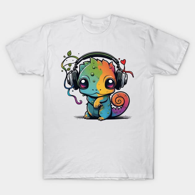 Chameleon with Headphones T-Shirt by Natalie Bollinger